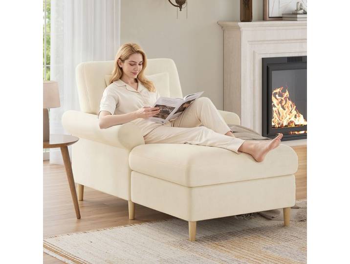 Fauteuil Relax Convertible en Velours Chauffeuse Lounge Fauteuil de Lecture XXL avec Coussin Amovible Assise Épaisse - Beige