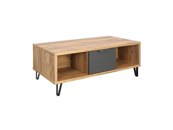 Table basse 1 tiroir 2 niches pieds métal Harry - Naturel