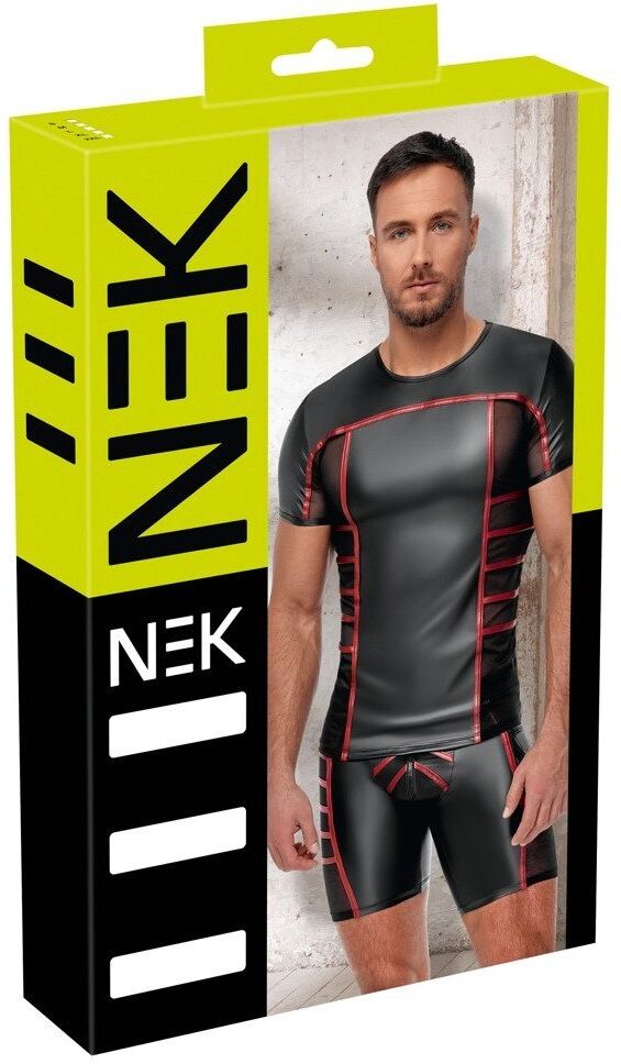NEK Chemise manches courtes noire avec bandes rouges