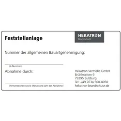 Abnahmeschild für Hekatron Feststellanlagen