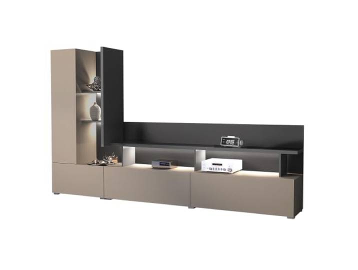 Wohnwand in beige mit anthrazit LED-Beleuchtung 2 Schubladen TV-Wand modern