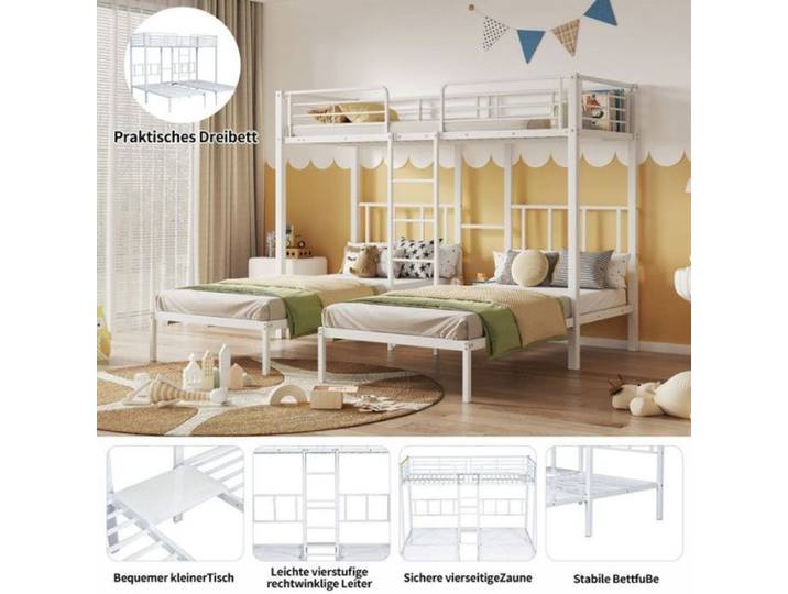 Lit triple 90x200 cm*3 Lit superposé triple avec échelle pour enfants et adolescents Lit en fer avec barrière ant LITS SUPERPOSES