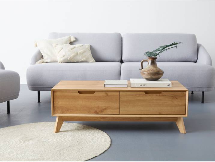 Couchtisch OTTO HOME Pandrup , braun (eiche), B:110cm H:37cm T:50cm, Tische, Couchtisch, mit 2 Schubkasten, in verschiedenen Farben erhältlich, Höhe 37 cm