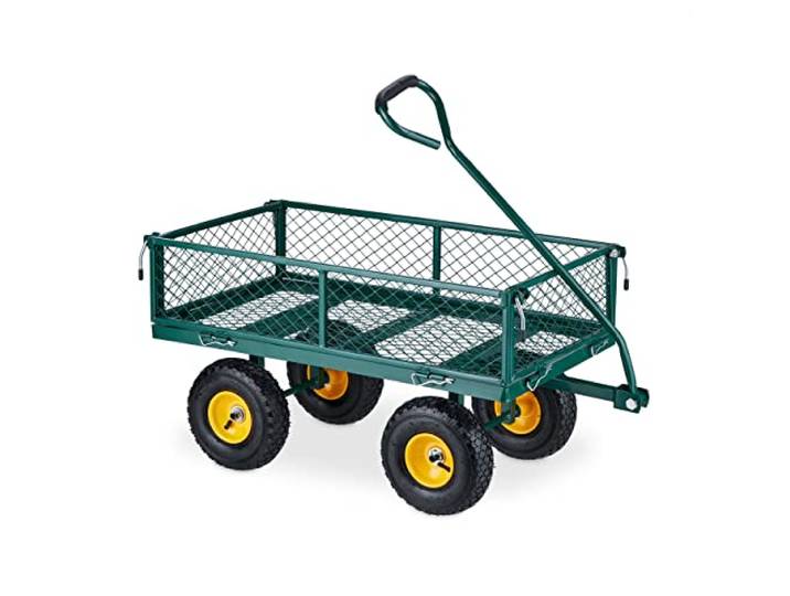 Relaxdays Handwagen, praktischer Bollerwagen für den Garten, Luftbereifung, klappbare Seitenteile, bis 200 kg, grün-gelb