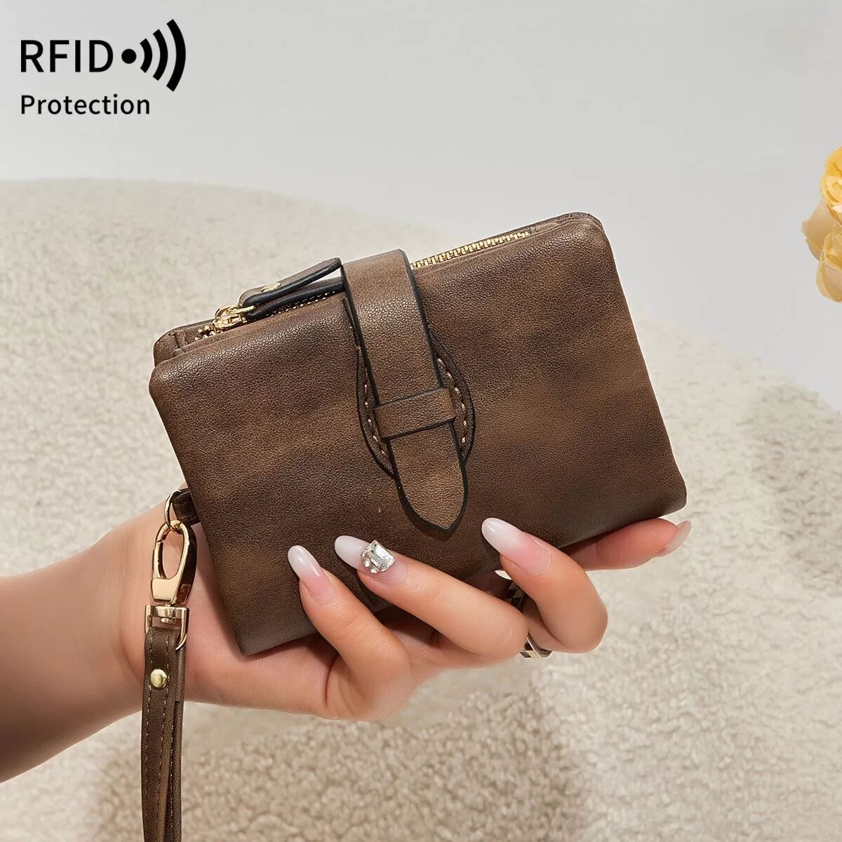 INF Neues RFID Damen Portemonnaie – PU Leder Geldbörse mit Reißverschluss & Knopfverschluss Kaffee