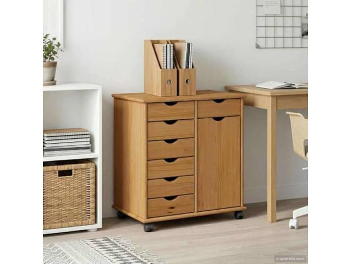 KGHFDVB Rollschrank 63,5 x 39 x 65,5 cm Massivholz Kiefer Honigbraun Mit Türen und Schubladen, Rollen für Mobilität, für Arbeitszimmer und Homeoffice