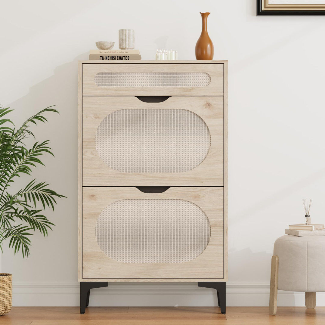 Brambly Cottage 8 Pair Solid Wood Shoe Storage Cabinet Light Yellow Wood 8