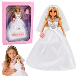 Anlily-Puppe im Pailletten-Hochzeitskleid, Brautschleier, Brautstrauß, Torte