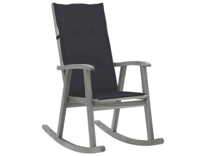 ZQQLVOO Schaukelstuhl mit Auflage Grau Massivholz Akazie Vintage Design, hohe Rückenlehne, wasserabweisende Polyester-Auflage, Gummiband-Befestigung, bis 110 kg belastbar
