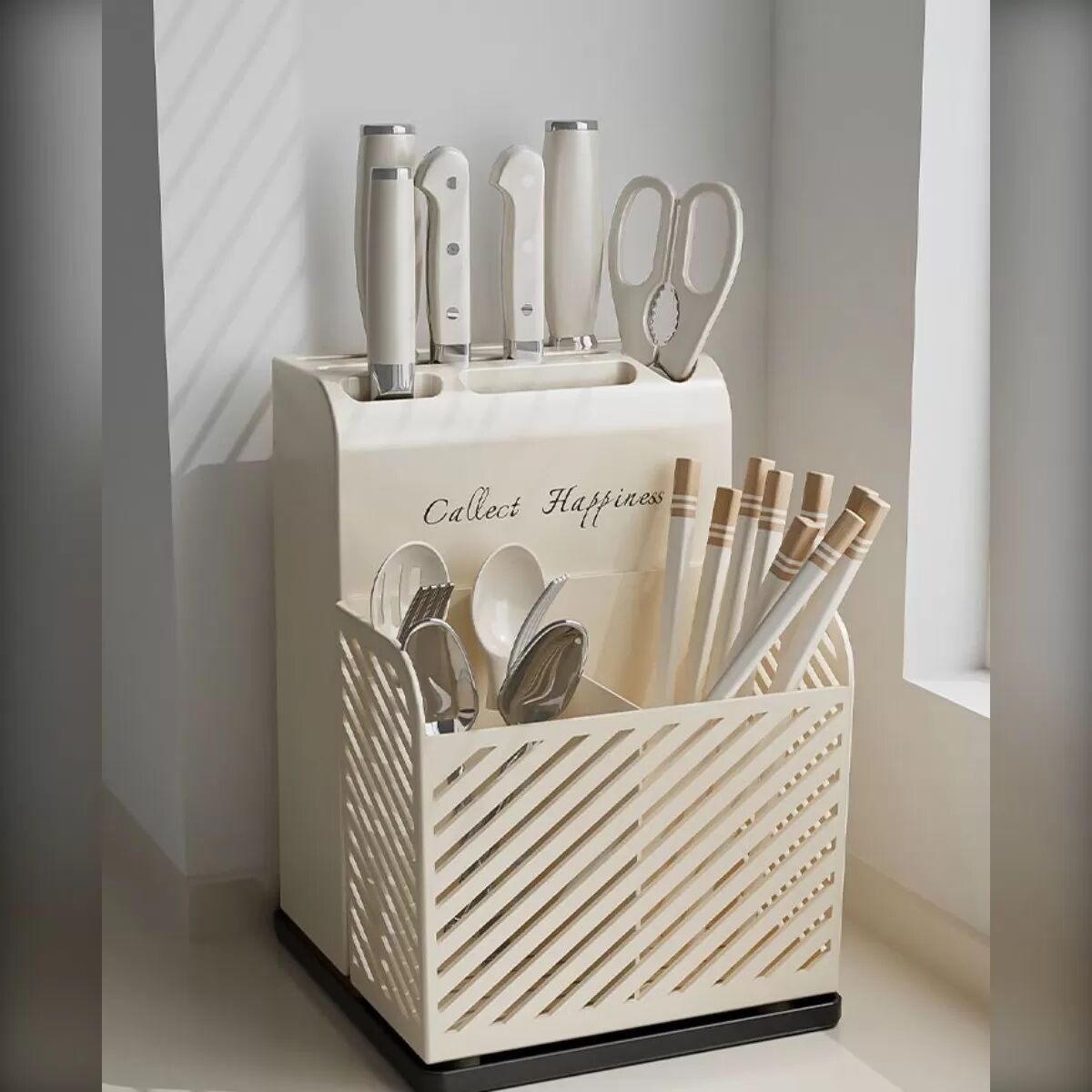 INF Support de Couteaux et Baguettes de Cuisine : Égouttoir Ventilé en PP avec Bac de Récupération d'Eau