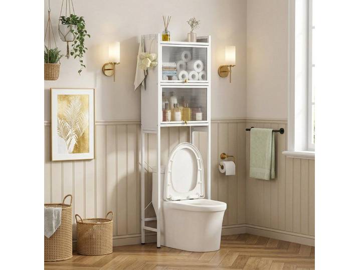 FLASIDU Meuble WC au-Dessus des Toilettes avec 2 portes vitrées Installation sans perçage pour Salle de Bain 50x25x165cm Blanc