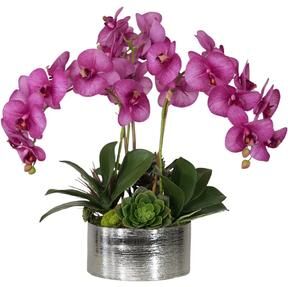 Jenny Silks Real Touch Purple Orchid Flower Arrangement in Silver Bowl