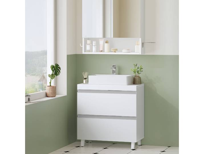 Meuble de salle de bain avec 2 tiroirs, grand espace de rangement, meuble-lavabo autoportant, 30 x 60 x 64 cm, blanc