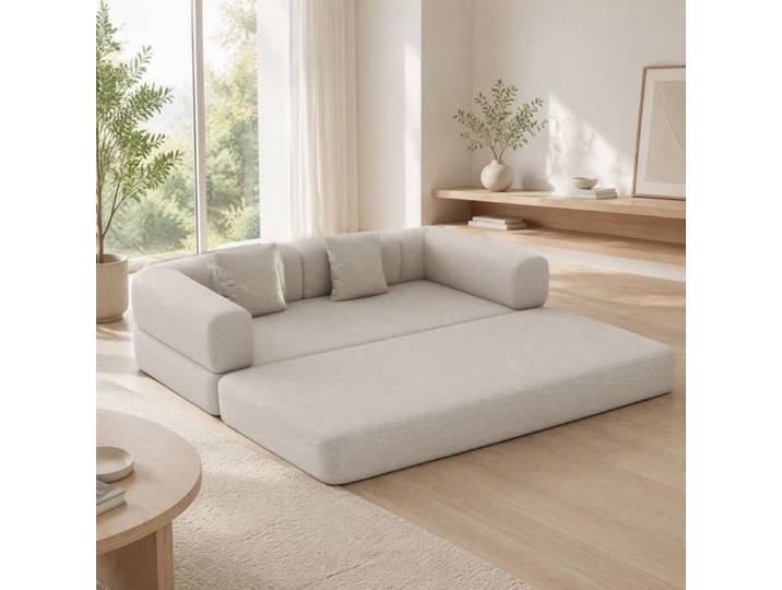 Canapé‑lit convertible pliant en velours côtelé Blanc cassé oreiller cylindrique cadre fixe 200x100x70cm pour salon chambre studio