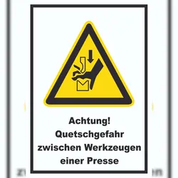 HB-Druck Achtung Quetschgefahr zwischen Werkzeugen einer Presse A6 Rückseite selbstklebend Schild