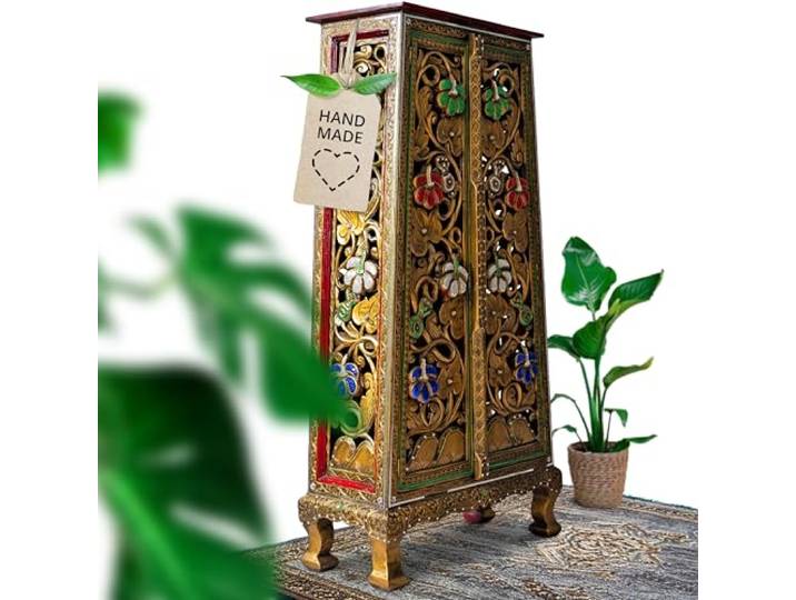 livasia Asiatischer Schrank aus Massivholz mit Glasmosaik – 65x30x130cm – Handgeschnitzte Kommode in edler Optik aus Akazienholz, hochwertig und nachhaltig hergestellt in Thailand