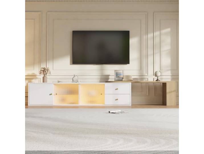 Tv Lowboard Ausziehbar 175cm, Weiß Holz, mit Led, 2 Schubladen, 2 Glastüren Lowboard Stehend mit Riffelglas-Schiebetüren, Seitlichem Regal, Rgb-Led-App, Tv-Bank Für Wohnzimmer
