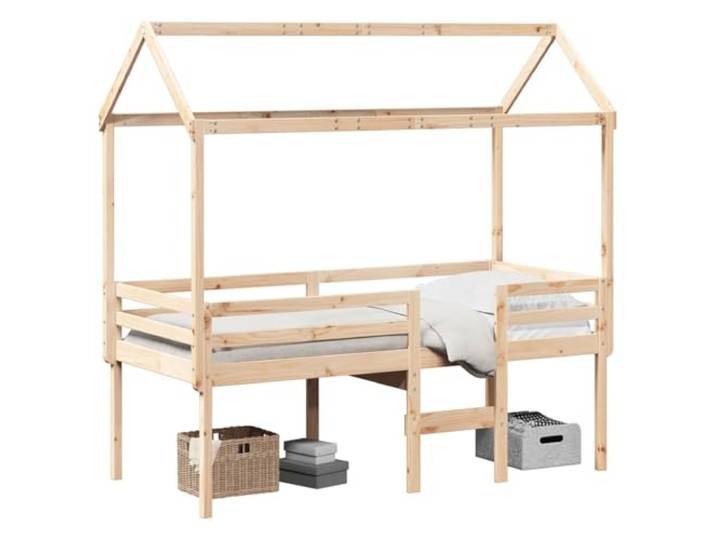 PUGYNBK Hochbett mit Massivholzdach aus Kiefernholz, 90 x 200 cm Mit offener Seitentür, Treppe und Geländer, ideal für kleine Räume