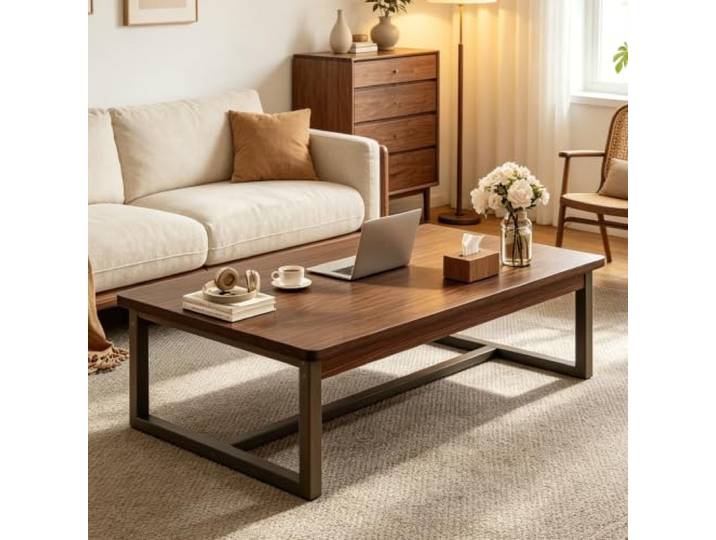 Moderner doppelstöckiger Couchtisch mit verstärktem dickem Stahlrahmen Couchtisch verdickter rostfreier Emailstahlrahmen für stabilen Halt, zweistufige Ablage(Walnut,47.2in)