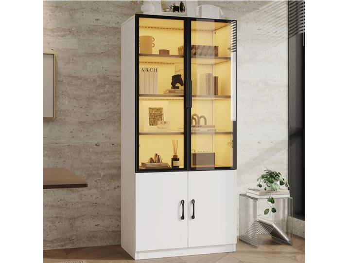 WOVREO Vitrine LED 60 x 40 x 160 cm en verre fumé cadre aluminium blanc 2 portes