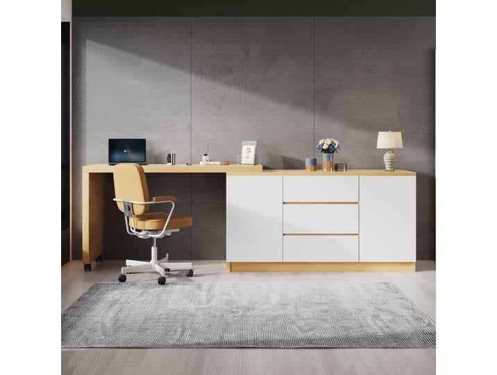 Bureau secrétaire pliant pivotant 360° avec 2 portes 3 tiroirs et roulettes freinées pour bureau blanc chêne - UVRION