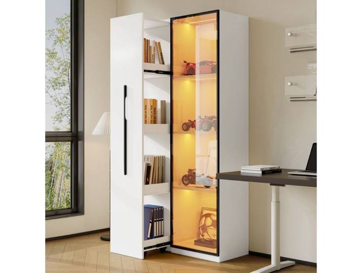 MEULVA Vitrine bibliothèque multifonction 70 x 40 x 160 cm LED verre trempé teinté MDF blanc