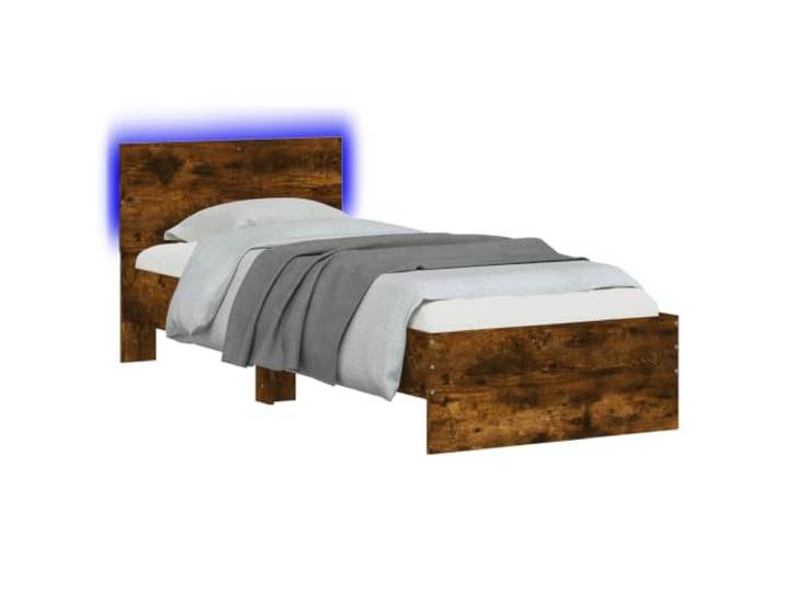 PUGYNBK Bettgestell aus rauchiger Eiche, technisches Holz LED-Kopfteil, USB, mehrfarbig, Montage mit Hilfe, nur innen