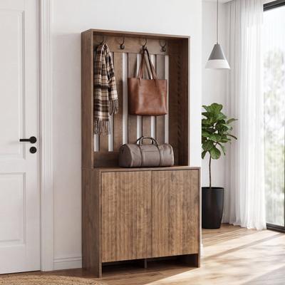 BLUEBELL Rustic Wooden Hall Tree with Shoe Storage Cabinet, Entryway Organizer with Coat Hooks