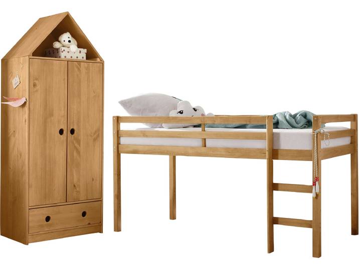 Jugendzimmer-Set OTTO HOME Alpi , beige (gebeizt, gewachst), Schlafzimmermöbel-Sets, Hochbett und Kleiderschrank in Hausoptik, perfekt für kleine Räume
