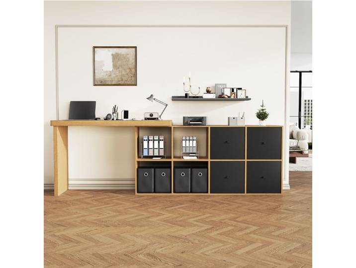 Bureau D Angle Pivotant Noir MDF Bureau Rotatif FloraGrace Pour Bureau 8 Compartiments 120x48x78cm+140x35x74cm