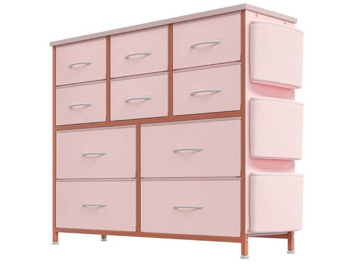 KOIOPLIE Commode 10 tiroirs en tissu multifonction armoire rangement entrée chambre avec plateau bois et cadre métal Rose
