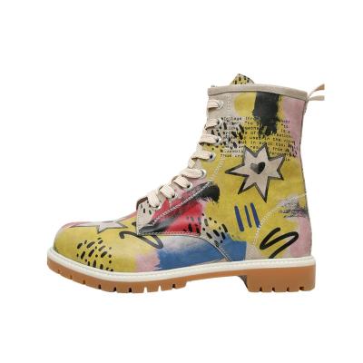 Schnürboots DOGO "Long Boots Schnürstiefel The Creation Of The Collage Damen", Damen, Gr. 37, Normalschaft, beige (natur), Lederimitat, Schuhe Schnürboots, Handgefertigt