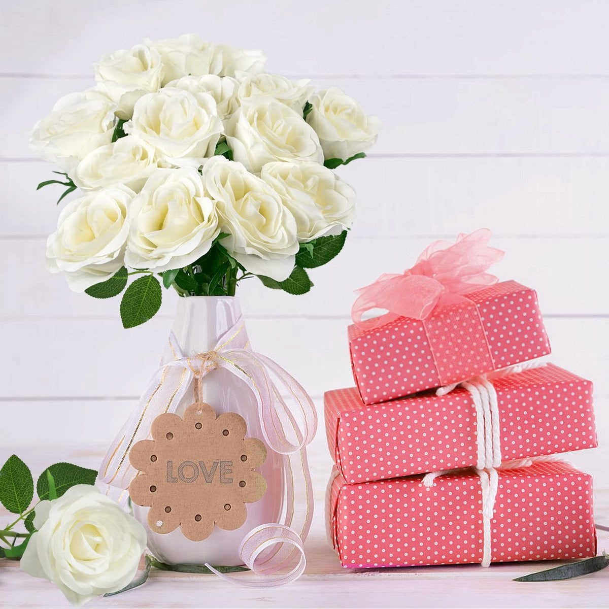 SnelShoppen 12 stuks witte kunstrozen van zijde voor bruiloft en decoratie