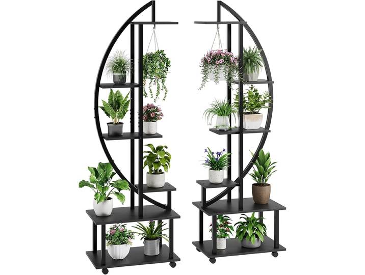 Lot de 2 supports à plantes à 6 niveaux, supports à plantes en métal hauts pour l'intérieur avec roulettes amovibles, supports à plantes pour la maison, le patio, la pelouse, le jardin