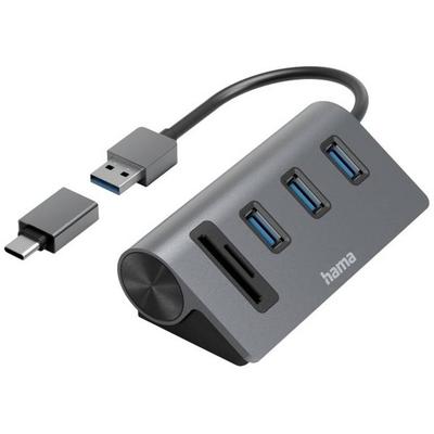 Hama 00200140 USB-Hub 5 Port USB-A, microSD, SD USB 3.2 Gen1 5 GBit/s mit eingebautem SD-Kartenleser, mit USB-C® Stecker Grau