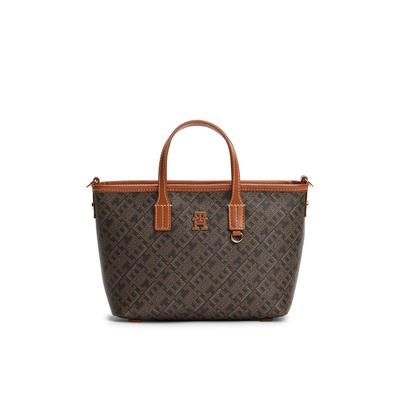 Tragetasche TOMMY HILFIGER "TH MONOPLAY MINI TOTE LE", Damen, Gr. B/H/T: 27cm x 17cm x 9cm, schwarz kombiniert, Leder, Lederimitat, Taschen, Damen Handtasche, Umhängetasche, Schultertasche mit TH-Allover-Druck