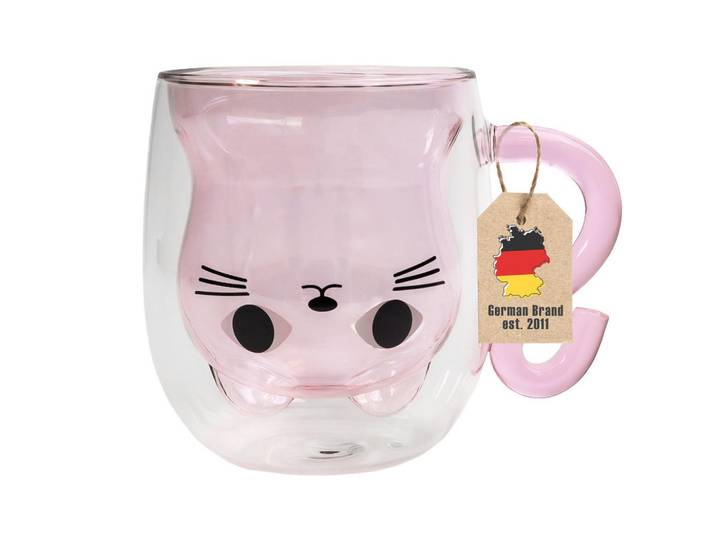 Intirilife Thermo Glas Design Katze 200ml, Rosa, Glas, 0.2 L, doppelwandig, Glas, Gläser-Sets