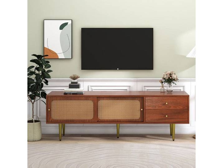 Meuble TV avec portes coulissantes - 2 tiroirs - 2 portes coulissantes en rotin 4 compartiments de rangement 160x40x60 cm