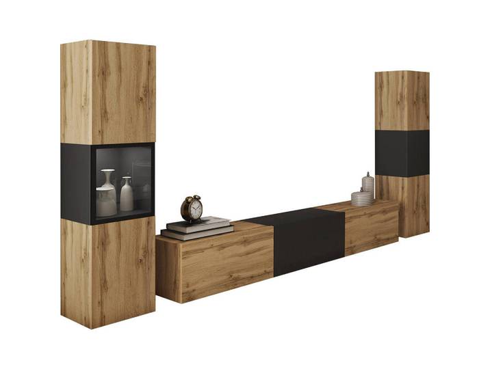 P & B Wohnwand Berlin, Schwarz, Eiche Wotan, 3-teilig, 8 Fächer, kaltweiß, 240x130x31 cm, Fsc, stehend, hängend, Beleuchtung, spiegelbildliche Montage möglich, Wohnzimmer, Wohnwände, Anbauwände