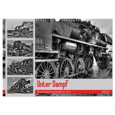 Unter Dampf - Eisenbahnromantik in schwarz-weiß (Wandkalender 2027 DIN A3 quer), CALVENDO Monatskalender