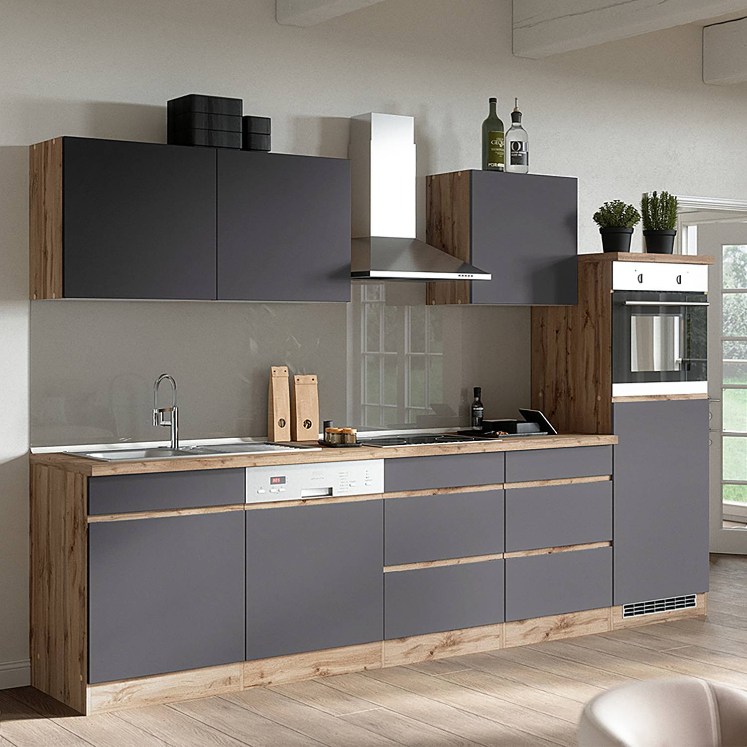 home24 Keukenblok Turin combi C 300cm bruin/grijs/Wotan eikenhouten look