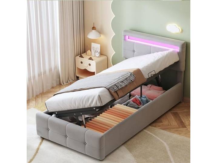Ball & Cast Polsterbett(90x200cm), Boxspringbett mit bettkasten, Hydraulisches Stauraumbett mit Beleuchtung, Bettgestell aus Samtstoff, ohne Matratze, Grau