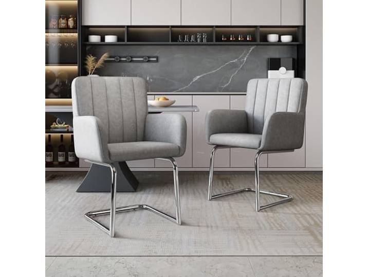 DUlVBPE 2er Set Esszimmerstühle mit vertikalen Streifen,Gepolsterter Sessel mit zickzackförmige Metallbeine,Lounge-Stuhl,Wohnzimmerstuhl,Kunstleder,grau