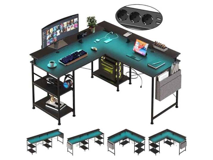 Bureau d'angle en L avec rehausse écran LED RGB prises USB et secteur bureau gaming et travail Noir