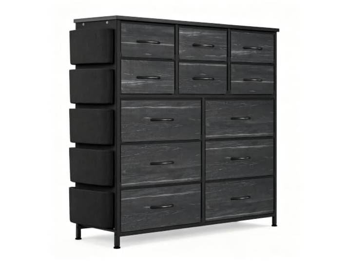 GarveeHome Flurkommode 12 Schubladen Metall Holzplatte Aufbewahrung Deco Seitentaschen, Haken, Industrie-Stil, Stofffächer, Schlafzimmer