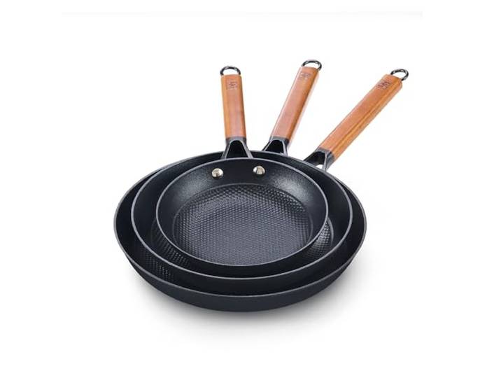 DM Gusseisen-Pfannen-Set, 3-teilig, antihaftbeschichtet, 20,3 cm, 25,4 cm, 30,5 cm, mit abnehmbarem Griff aus Akazienholz, Wabenform, antihaftbeschichtet, Omelett-Eierpfanne, leicht zu reinigen