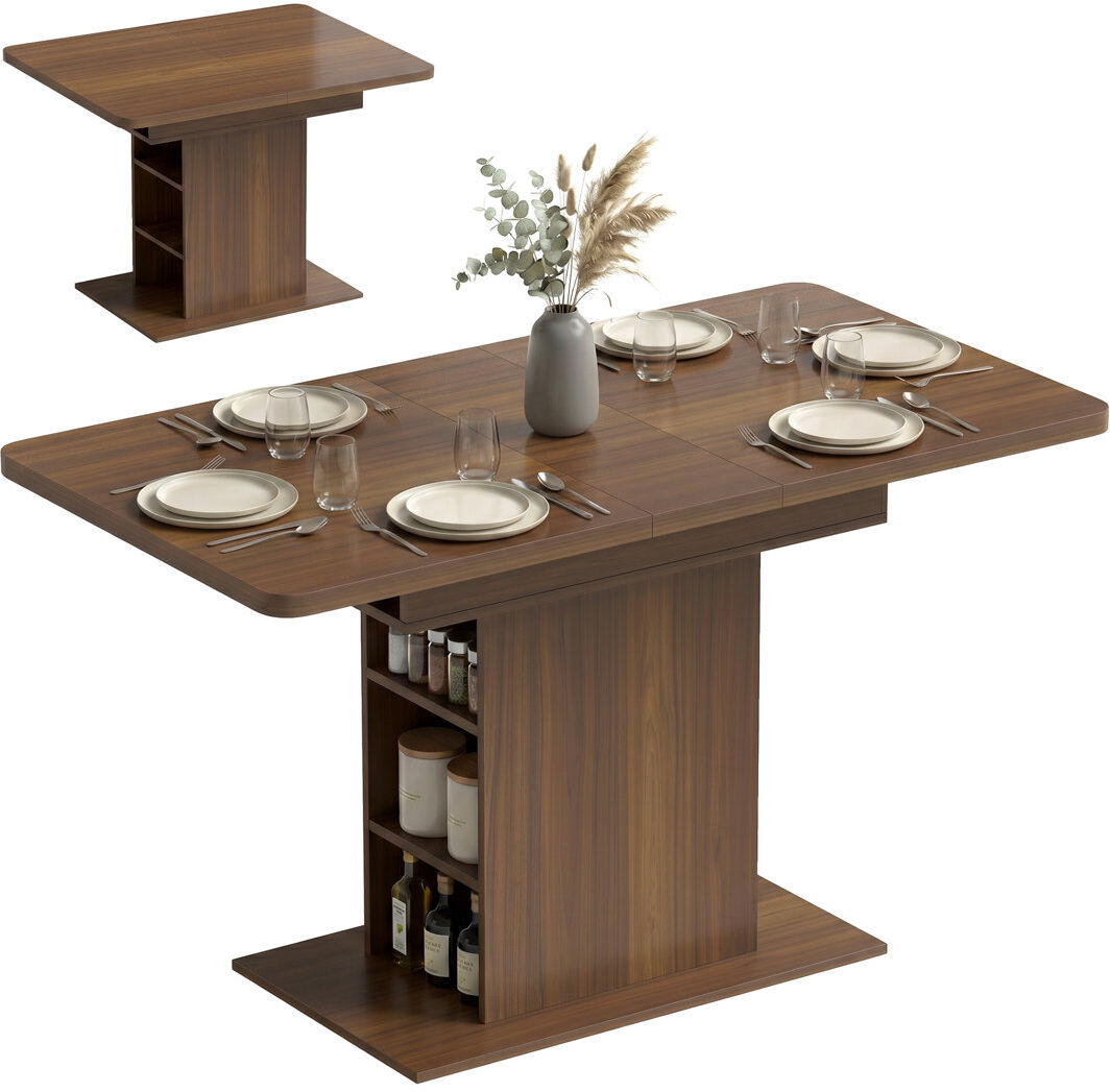 Brayden Studio HOMCOM Extendable Dining Table for 4-6, Kitchen Table with Shelves Walnut brown