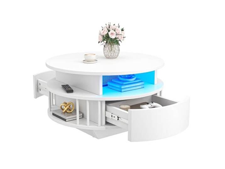 YITAHOME Moderner runder Couchtisch mit LED-Licht, 70 cm Couchtisch mit 2-stufigem Stauraum und 2 Schubladen, geriffelter Couchtisch mit Regalen, Beistelltisch für Wohnzimmer, Weiß