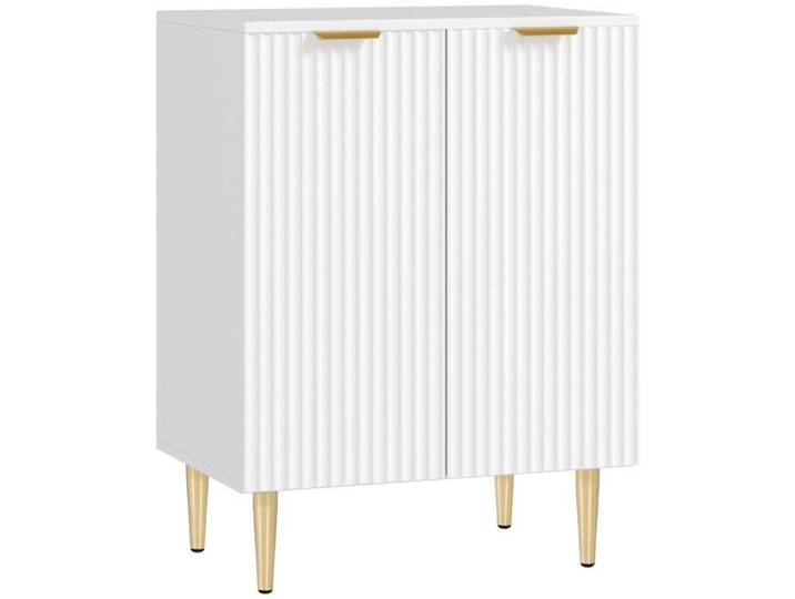 Buffet 2 portes étagère design effet cannelé métal doré blanc