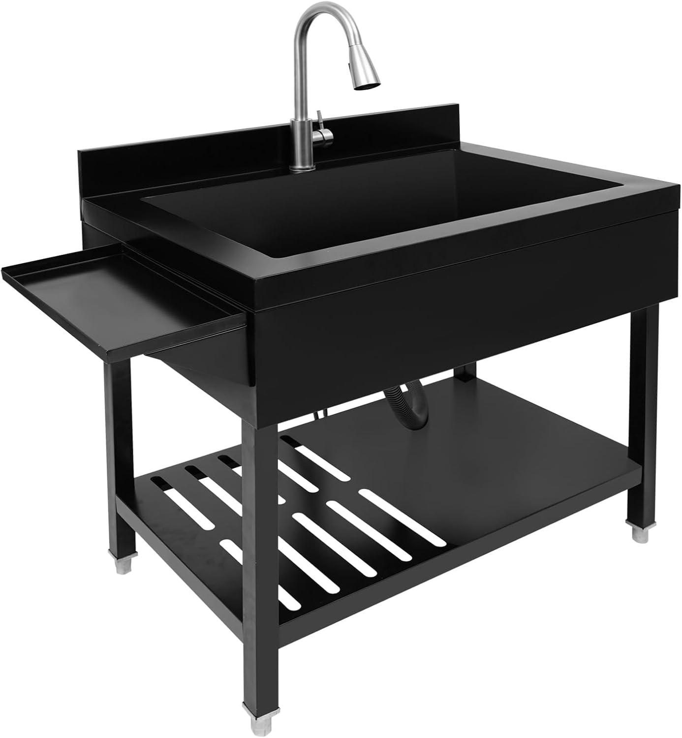 Spüle mit Unterschrank aus Edelstahl, freistehendes Waschbecken mit ausziehbarem Wasserhahn, geeignet für Innen- und Außenbereich, Küche und Garten (90x57x94cm)